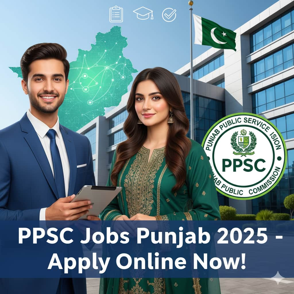 Young professionals applying online for PPSC Jobs Punjab 2025 in Pakistan, showing Punjab Public Service Commission logo and application guide